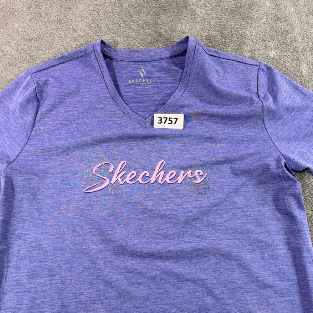 Skechers T-Shirt Womens Large Purple‎ Space Dye V-Neck Short Sleeve Logo Graphic